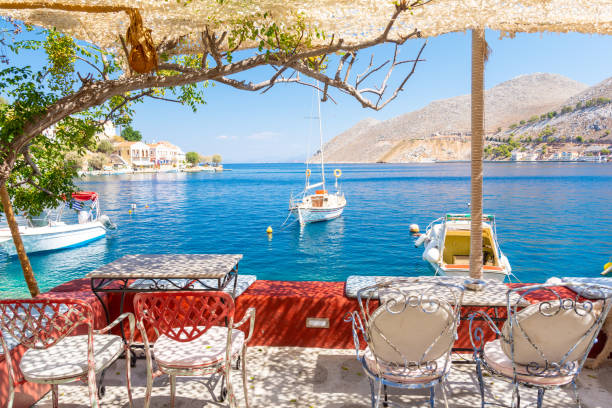 splendida vista sul mare blu sull'isola di symi in grecia - rodi foto e immagini stock