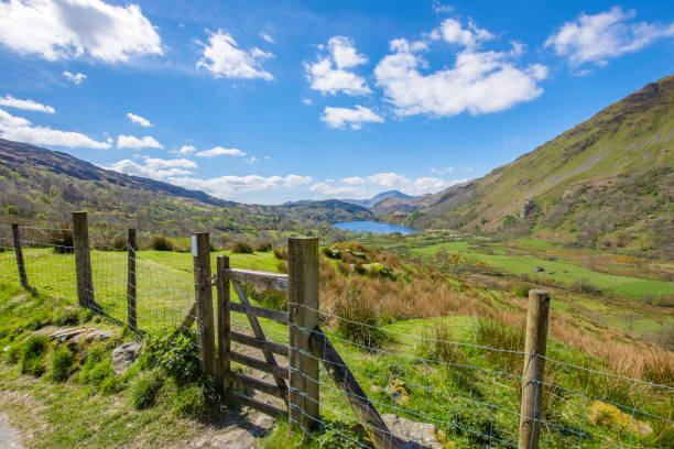 Beautiful view on scenic mountain valley in Snowdonia National Park,North Wales,Uk. stock photo