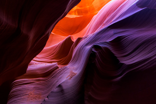 Colourful sandstone and light in a slot canyon, Page, Arizona, USA