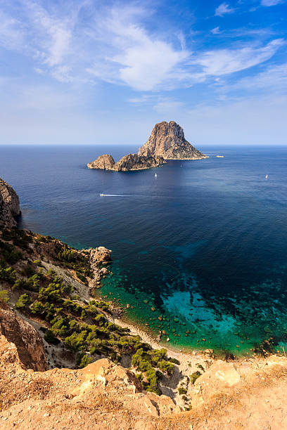 Beautiful wide angle view of coastline on Ibiza Island, Spain stock photo