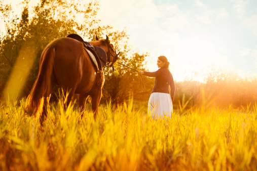 Beautiful woman posing in nature with her horse.