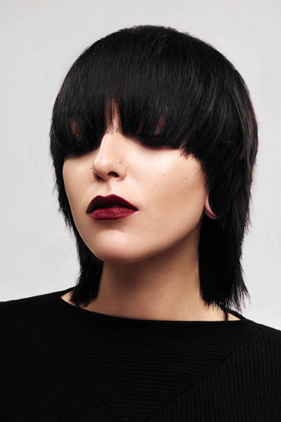 Sexy Makeup Woman Black Short Hair Style Vintage Portrait Stock