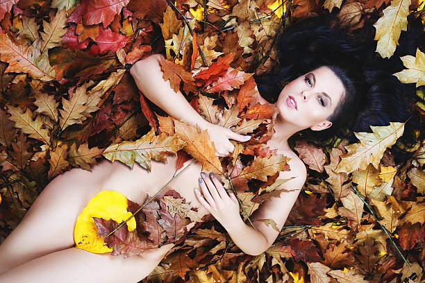 Beautiful woman in autumn leaves stock photo