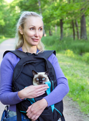 Beautiful Woman Walks In The Park With A Short Haired Seal Point