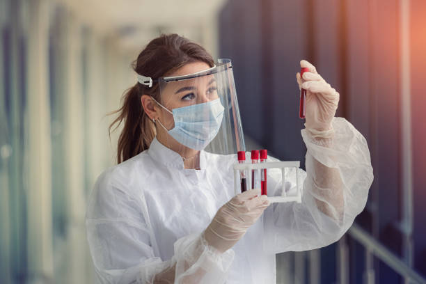 beautiful young nurse in protective mask and face shield and uniform examines blood samples stock photo