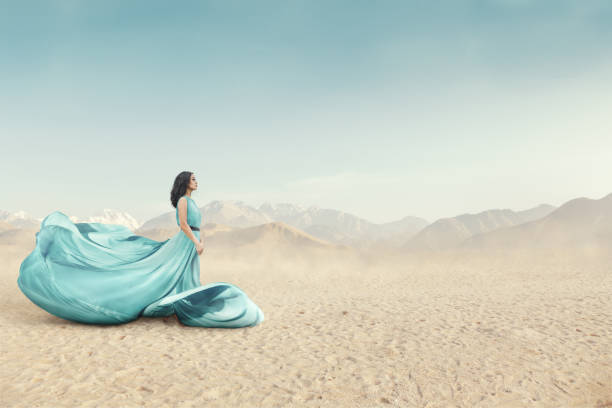 Beautiful young woman in long fluttering dress posing outdoor Portrait of beautiful young woman in long fluttering dress posing outdoor at sandy desert evening gown stock pictures, royalty-free photos & images