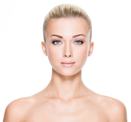 Beautiful young woman with beautiful blue eyes stock photo
