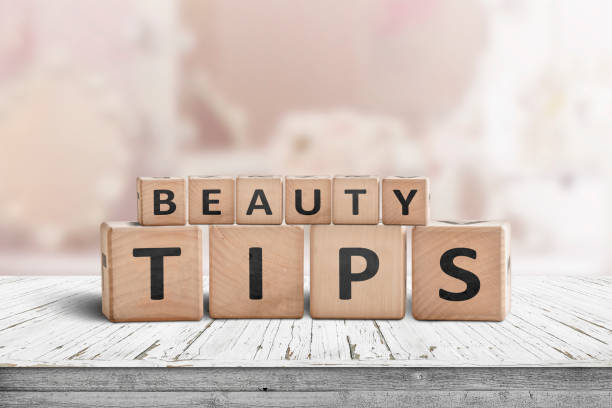 Beauty tips sign on a makeup table stock photo