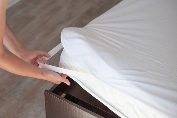 Bed with a high mattress. The woman puts on a protective water-repellent mattress cover stock photo