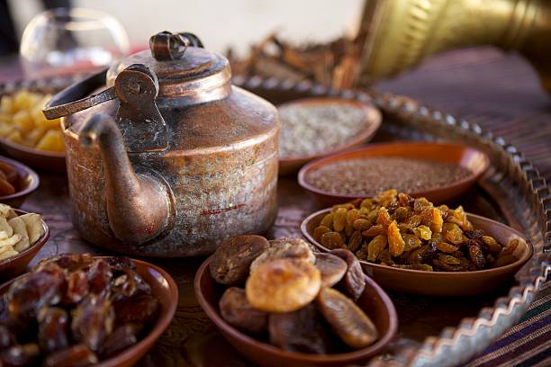 Bedouin Tea, Nuts and Dried Fruit  ramadan food stock pictures, royalty-free photos & images