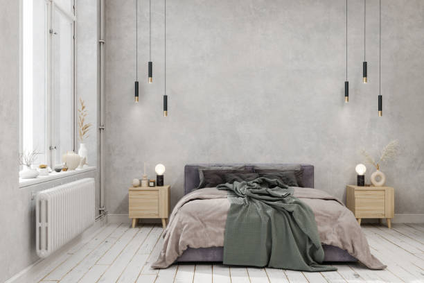 Bedroom Interior With Green Blanket On The Bed, Pendant Lights, Parquet Floor And Gray Color Wall Background Bedroom Interior With Green Blanket On The Bed, Pendant Lights, Parquet Floor And Gray Color Wall Background dresser photos stock pictures, royalty-free photos & images