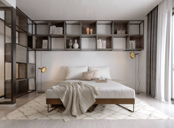 Bedroom with metal square shelves with decor. stock photo