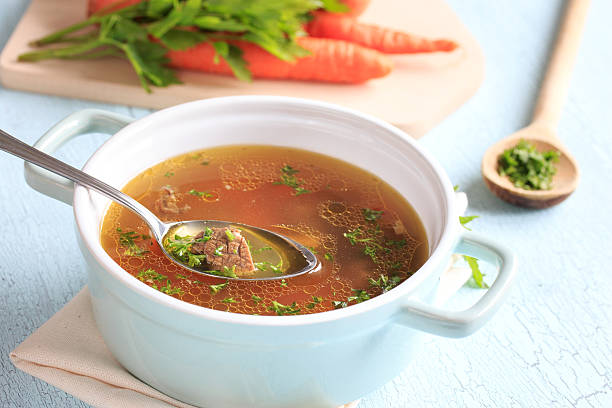 Beef broth with meat inlay stock photo