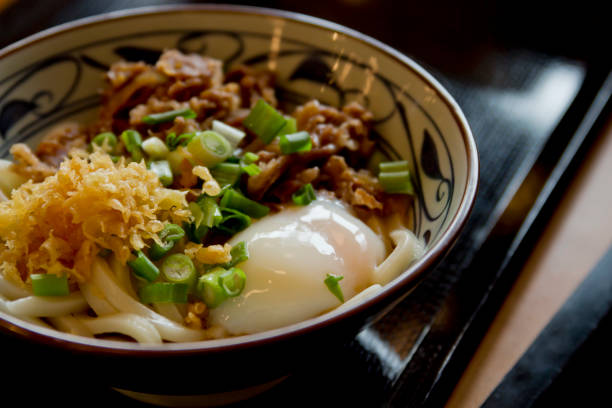 Beef Udon with Soft-boiled Egg stock photo
