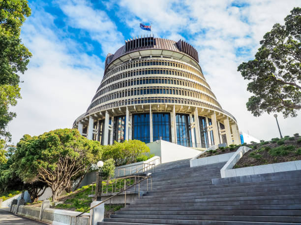 Beehive,  the Executive Wing of the New Zealand Parliament Buildings in Wellington City. stock photo