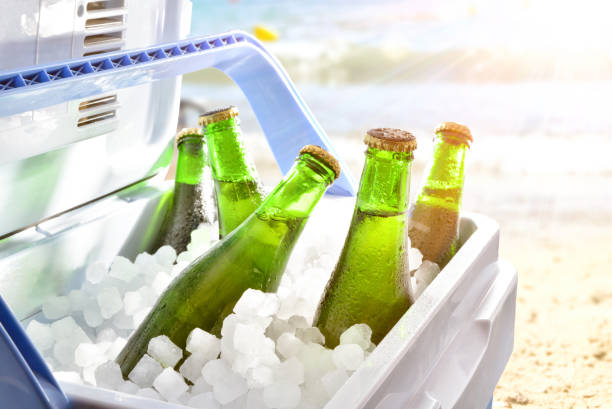 Beer chilled on ice in camping fridge on the beach stock photo