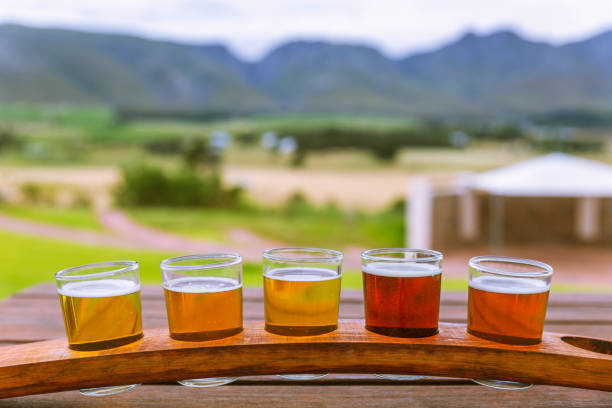 Beer tasting glasses on a wooden tray outside the brewery with a beautiful view of the mountains stock photo