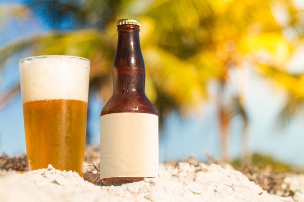 Beer under the palm tree on a beach stock photo