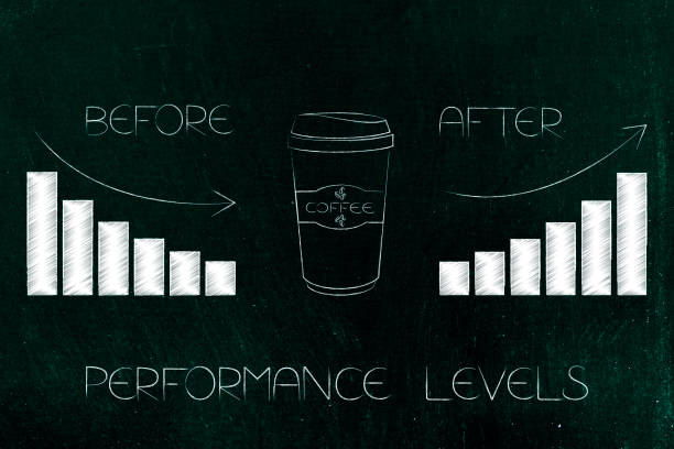 before and after coffee performance levels with bar graphs and oversize tumbler stock photo