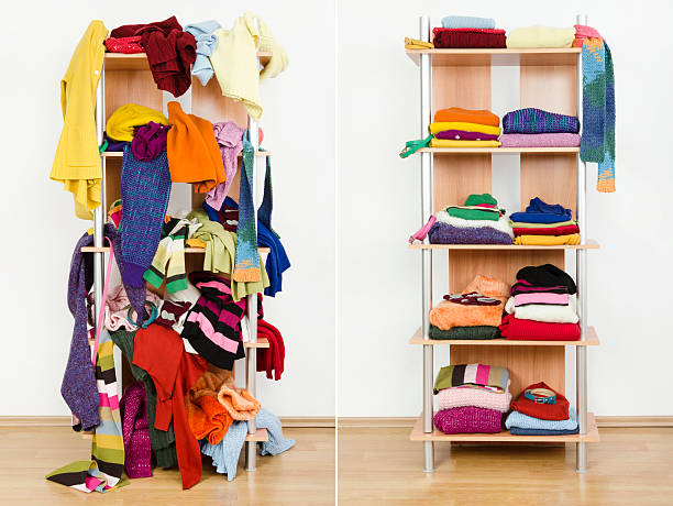 Before untidy after tidy wardrobe with winter clothes and accessories. stock photo