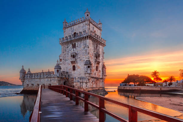 belem tower in lisbon at sunset, portugal - lisboa portugal imagens e fotografias de stock