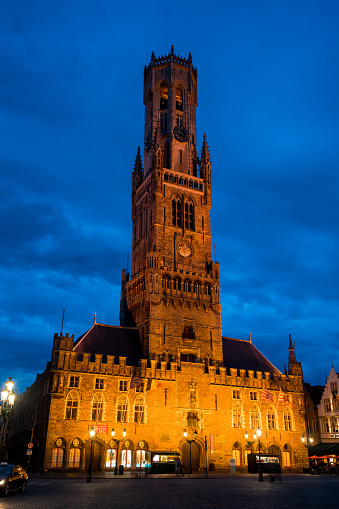 Bruges medieval architecture along Rozenhoedkaai canal at sunset, Belgium