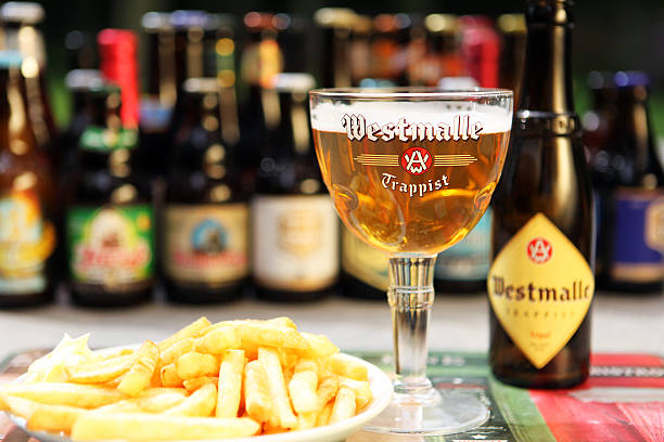Belgian Beer Westmalle Trappist Tripel and Belgian Fries stock photo