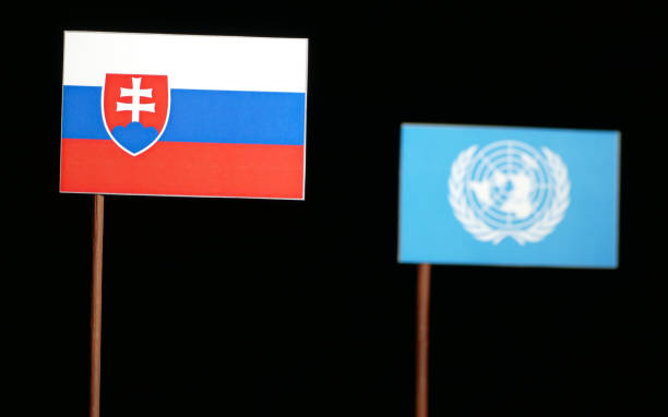 belgrado, servië. mei 5th 2017: slowaakse vlag met vn vlag geïsoleerd op zwarte achtergrond - focus un focus stockfoto's en -beelden