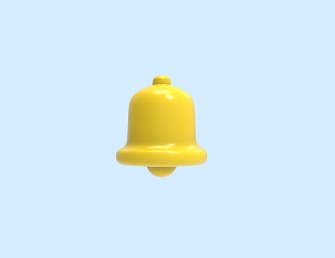 Notification 3D icon. Cute yellow bell. 3D Model render for design isolated blue background.