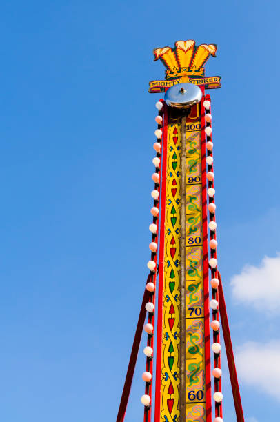 bell-at-the-top-of-a-test-your-strength-machine-at-a-victorian-themed-picture-id963834416