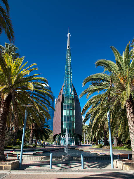 Bell tower in Perth, West Australia "Front view of Bell Tower, Perth, West, Australia" bell tower tower stock pictures, royalty-free photos & images