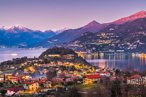 Bellagio, Como, Italy town view on Lake Como at twilight.
