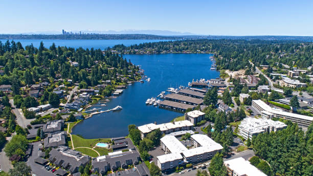 Bellevue Washington Aerial View of Meydenbauer Bay Whalers Cove Bellevue Washington Aerial View of Meydenbauer Bay Whalers Cove king county washington state stock pictures, royalty-free photos & images