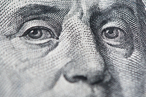 Ben Franklin - Portrait Eyes Close Up - Pen & Ink - Dollar Bill