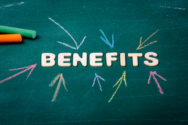 Benefits. Contract, jobs and growth concept. Green chalk board background stock photo