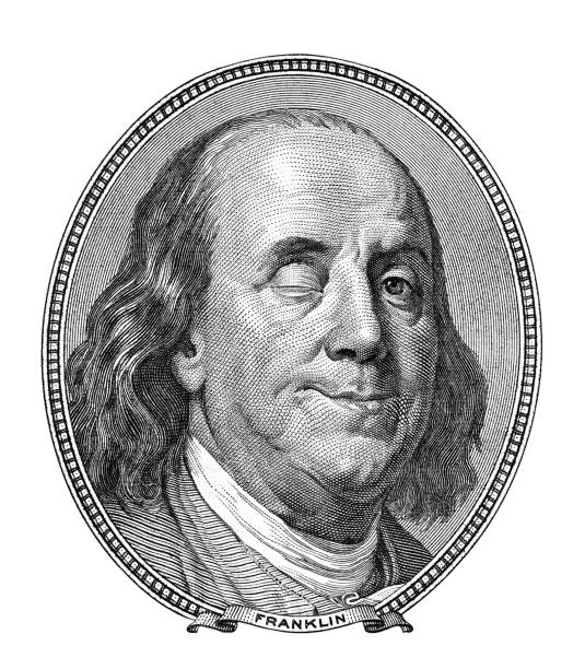 Benjamin Franklin blinking and smiling at you isolated on white Benjamin Franklin blinking and smiling at you isolated on white benjamin franklin stock pictures, royalty-free photos & images