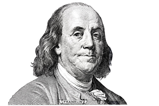 Benjamin Franklin cut on new 100 dollars banknote isolated on white background for design purpose