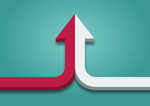 Bent arrow of two red and white ones merging on turquoise blue background. Partnership, merger, alliance and joining concept