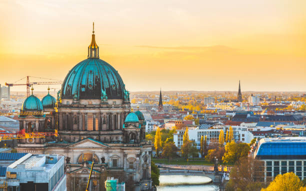 Berlin aerial view at sunset stock photo