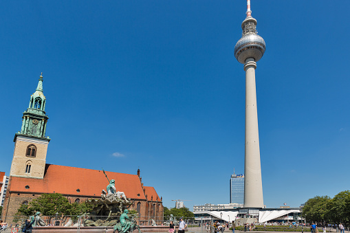 Berlin Tv Tower and St. Mary Church, Germany.