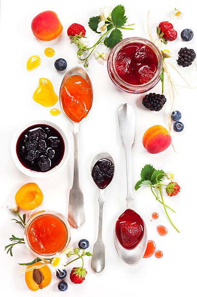 Apricot ,blackberry and strawberry jam on white background