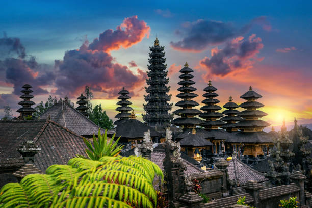 Besakih temple at sunset in Bali, Indonesia. stock photo