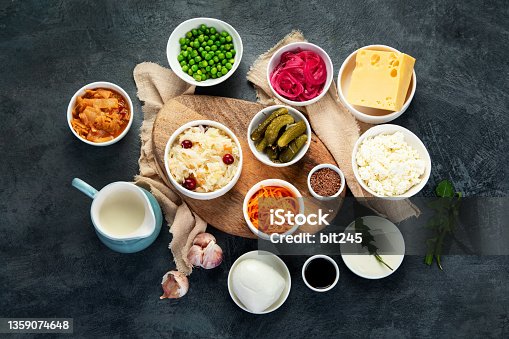 istock Best sources of probiotic on gray background. 1359074648
