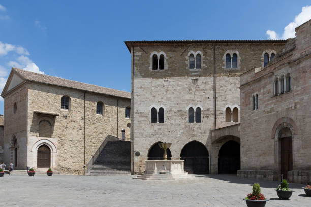 Bevagna, beautiful Piazza Silvestri surrounded by Medieval buildings. Umbria ,province of Perugia stock photo