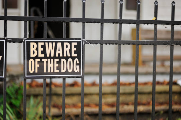Beware of the dog sign on fence stock photo