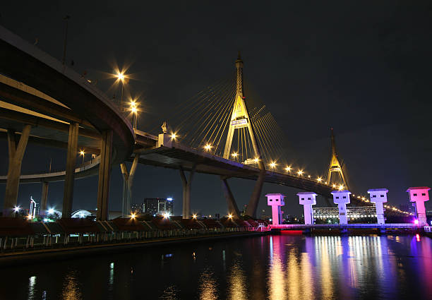 Bhumibol Bridge in Thailand,The bridge crosses the Chao Phraya River twice. stock photo