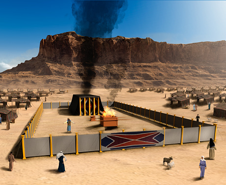 Biblical Tabernacle with altar and Jewish tent camp, Israel, 3d render.
