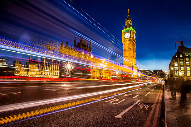 Big Ben Clock Tower in London light trails at twilight stock photo