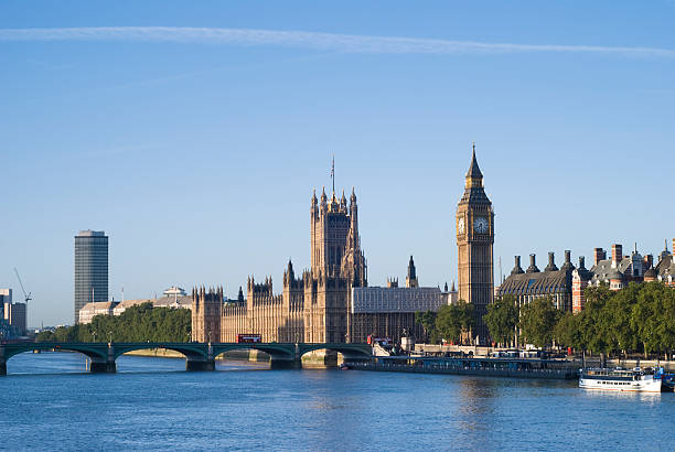 Big Ben, Westminster and Millbank Tower, London stock photo