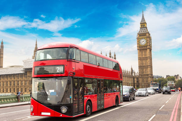 Big Ben, Westminster Bridge, red bus in London Big Ben, Westminster Bridge and red double decker bus in London, England, United Kingdom double decker bus stock pictures, royalty-free photos & images